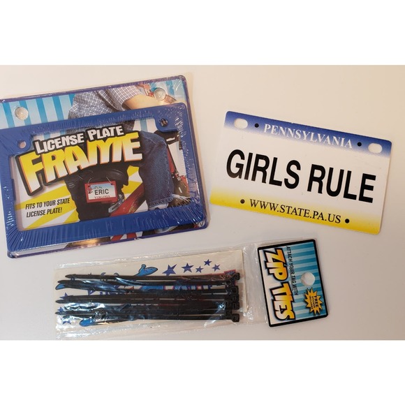 Classic Vintage Girls Rule Bicycle License Plate & Frame with Zip Ties - Picture 1 of 6